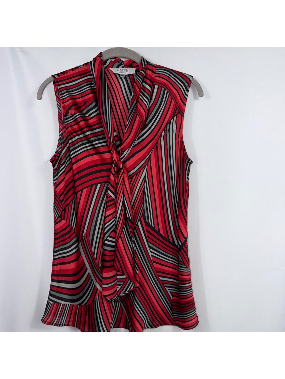 Kasper Red Black Striped Tie Neck Blouse Medium